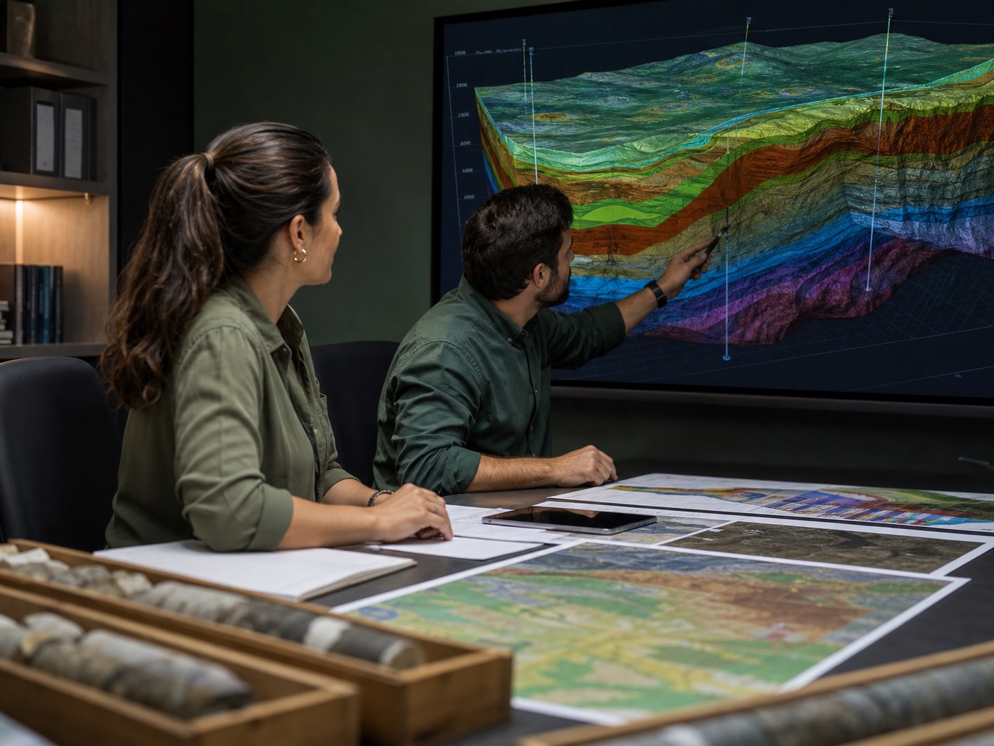 Geoscientists interpret a three-dimensional geological model