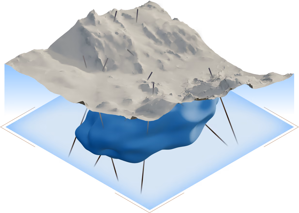 Modelo geológico tridimensional com estruturas de subsuperfície